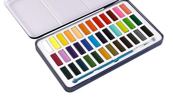 36 kleuren effen aquarelset met verfblik